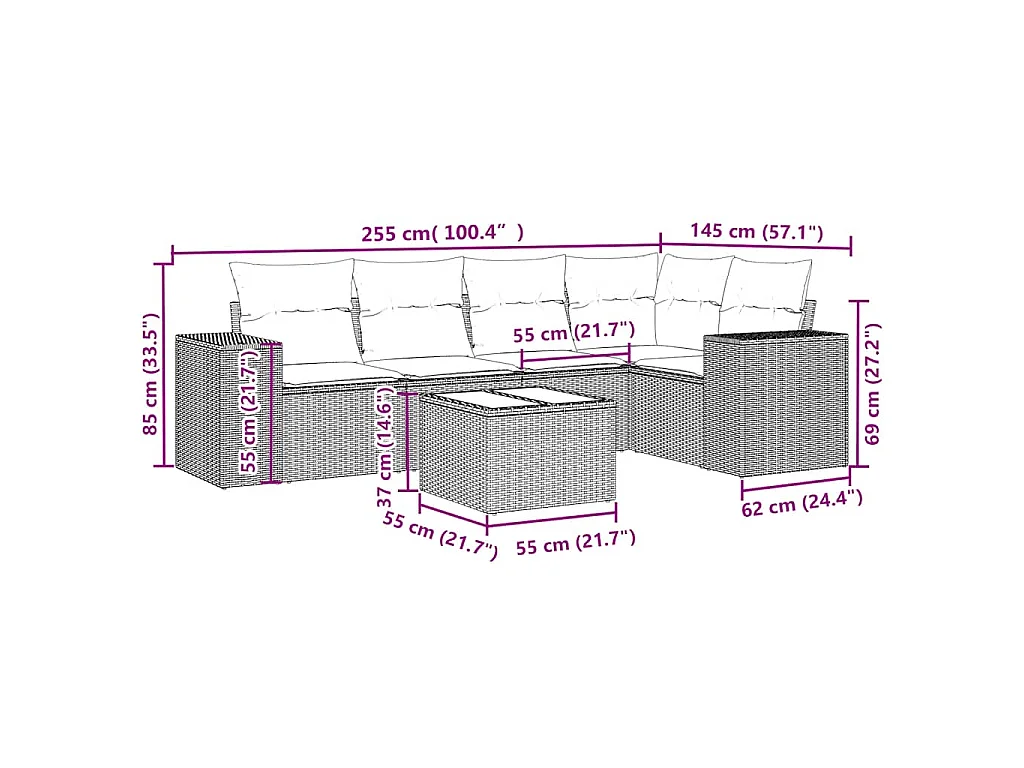 6-delige Loungeset met kussens poly rattan lichtgrijs
