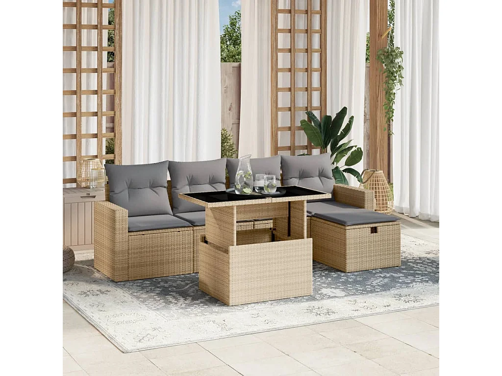 6-tlg. Garten-Sofagarnitur mit Kissen Beige Poly Rattan