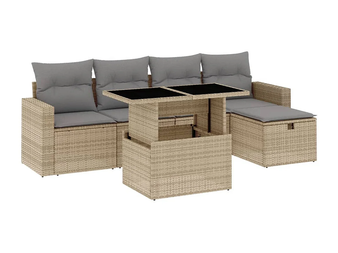 6-tlg. Garten-Sofagarnitur mit Kissen Beige Poly Rattan
