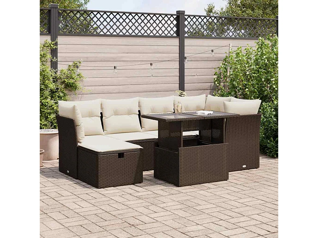 7-delige Loungeset met kussens poly rattan bruin