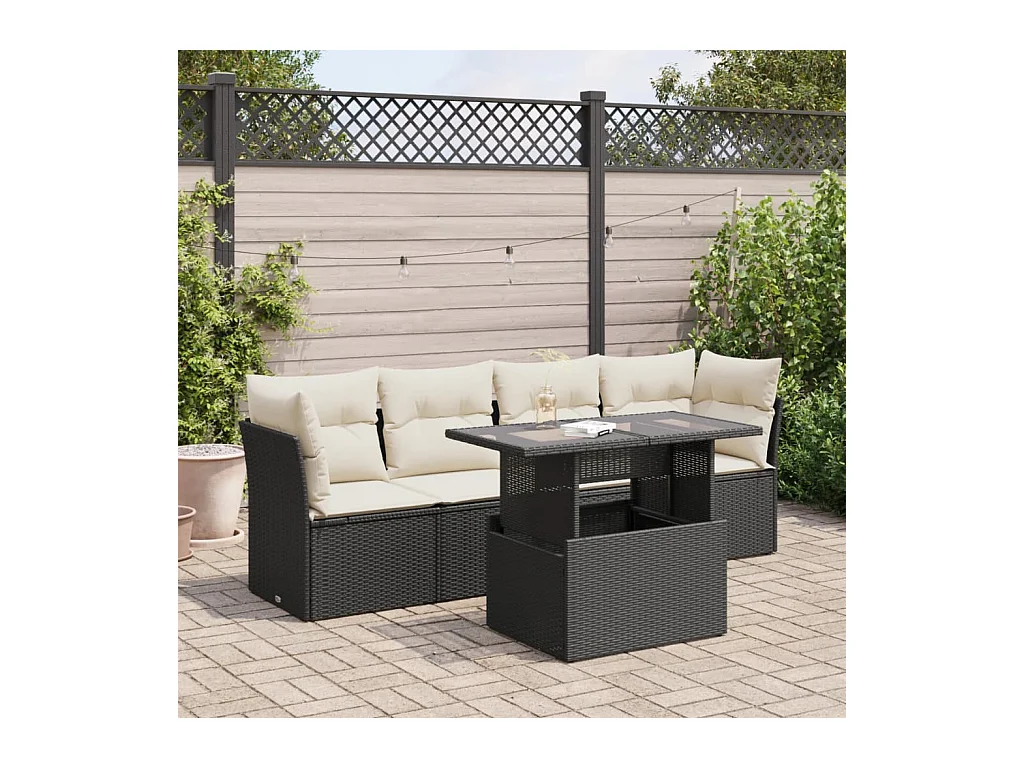Salon de jardin 5 pcs avec coussins noir résine tressée