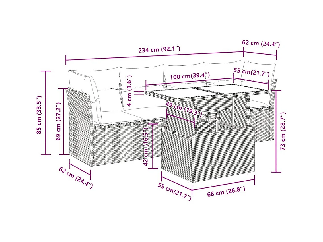 5-tlg. Garten-Sofagarnitur mit Kissen Schwarz Poly Rattan