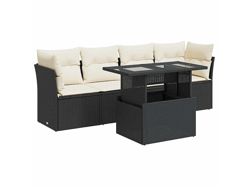 5-tlg. Garten-Sofagarnitur mit Kissen Schwarz Poly Rattan