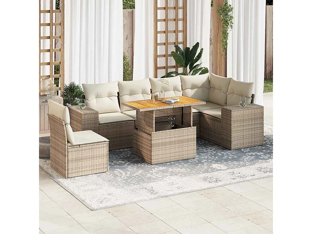 7-tlg. Garten-Sofagarnitur mit Kissen Beige Poly Rattan