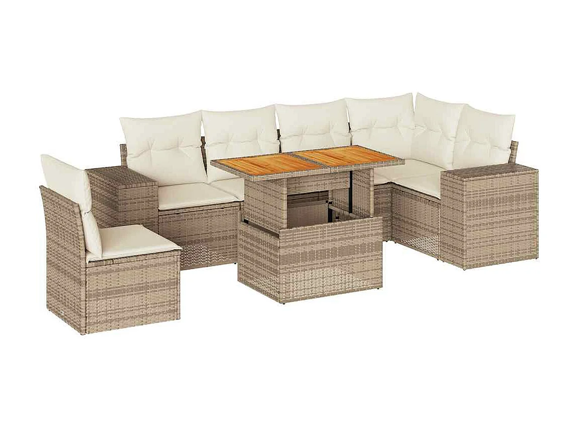 7-tlg. Garten-Sofagarnitur mit Kissen Beige Poly Rattan