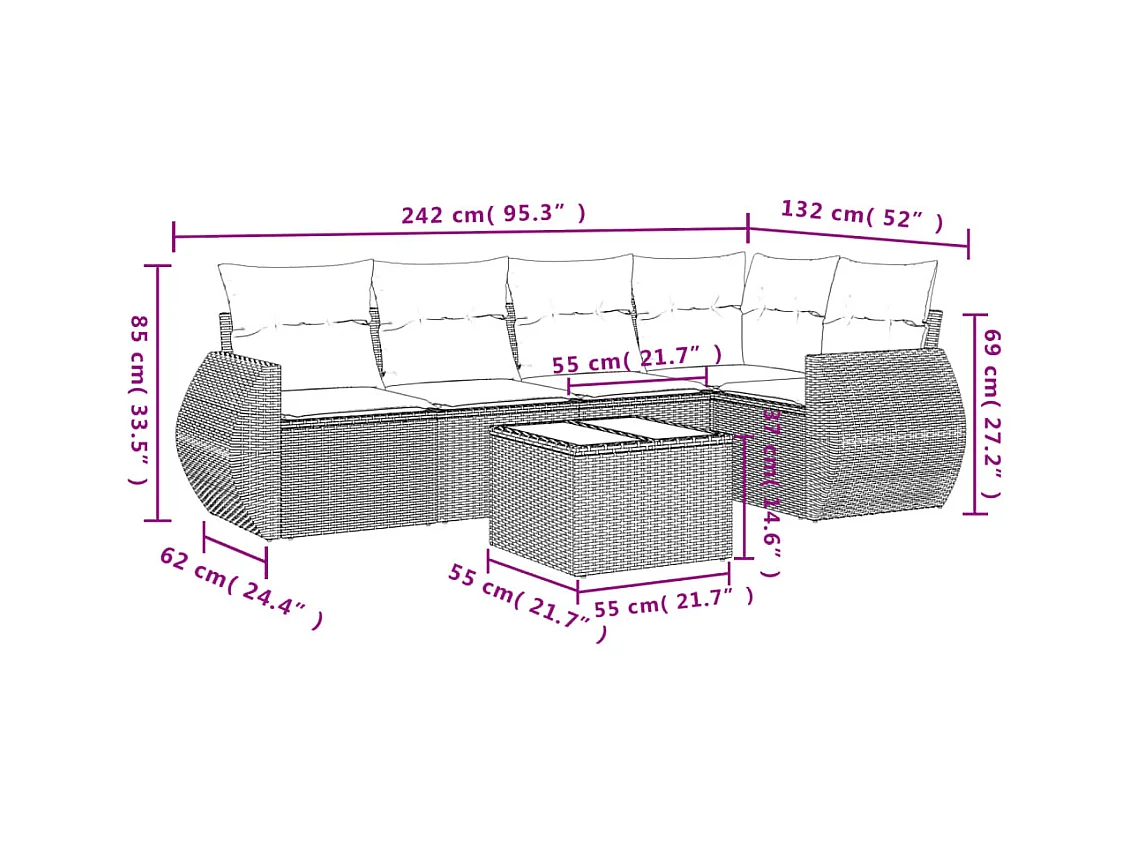Salon de jardin avec coussins 6 pcs marron résine tressée