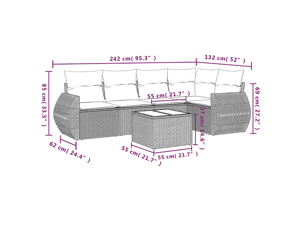 Salon de jardin avec coussins 6 pcs marron résine tressée