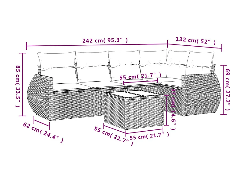 6 pcs conjunto de sofás jardim c/ almofadões vime PE castanho