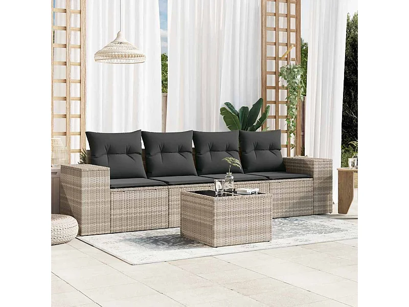 5-tlg. Garten-Sofagarnitur mit Kissen Hellgrau Poly Rattan
