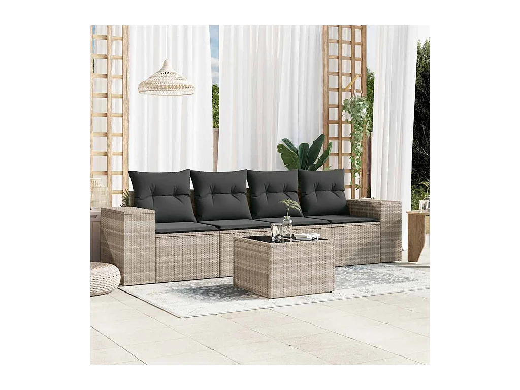 Salon de jardin 5 pcs avec coussins gris clair résine tressée
