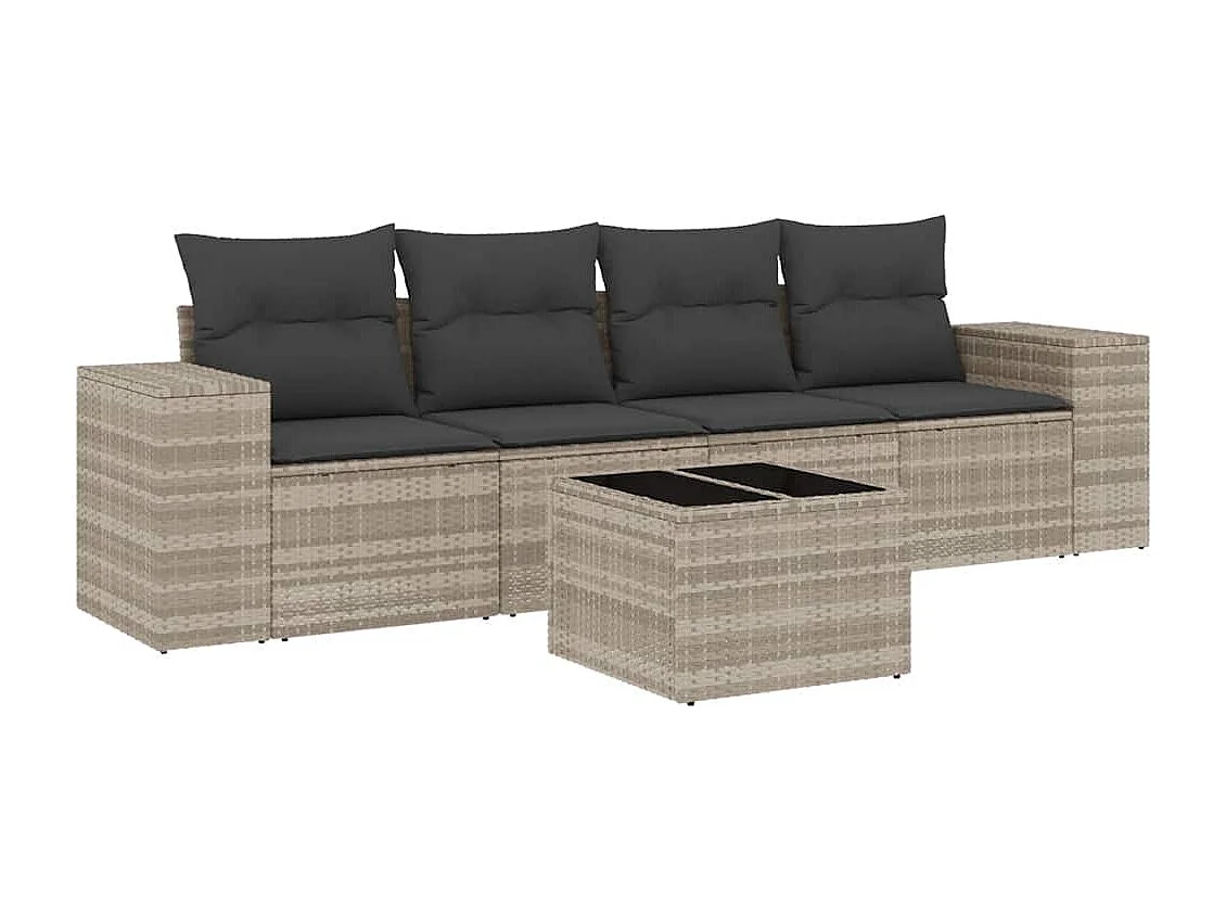 Salon de jardin 5 pcs avec coussins gris clair résine tressée