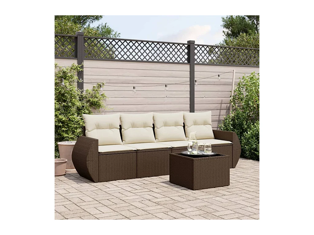 Salon de jardin avec coussins 5 pcs marron résine tressée