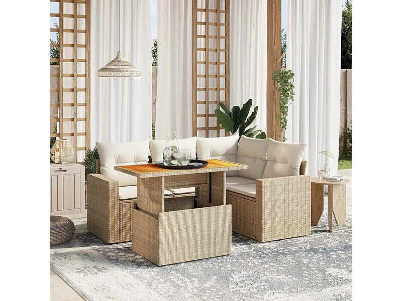 Salon de jardin avec coussins 5 pcs beige résine tressée
