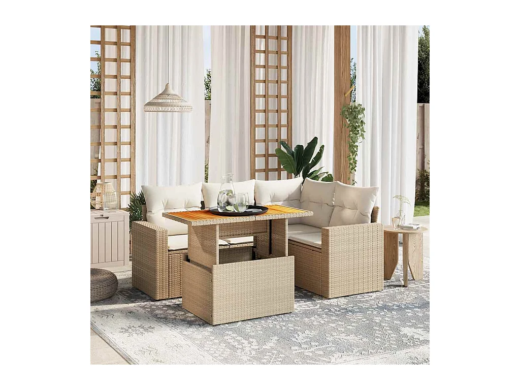 Salon de jardin avec coussins 5 pcs beige résine tressée