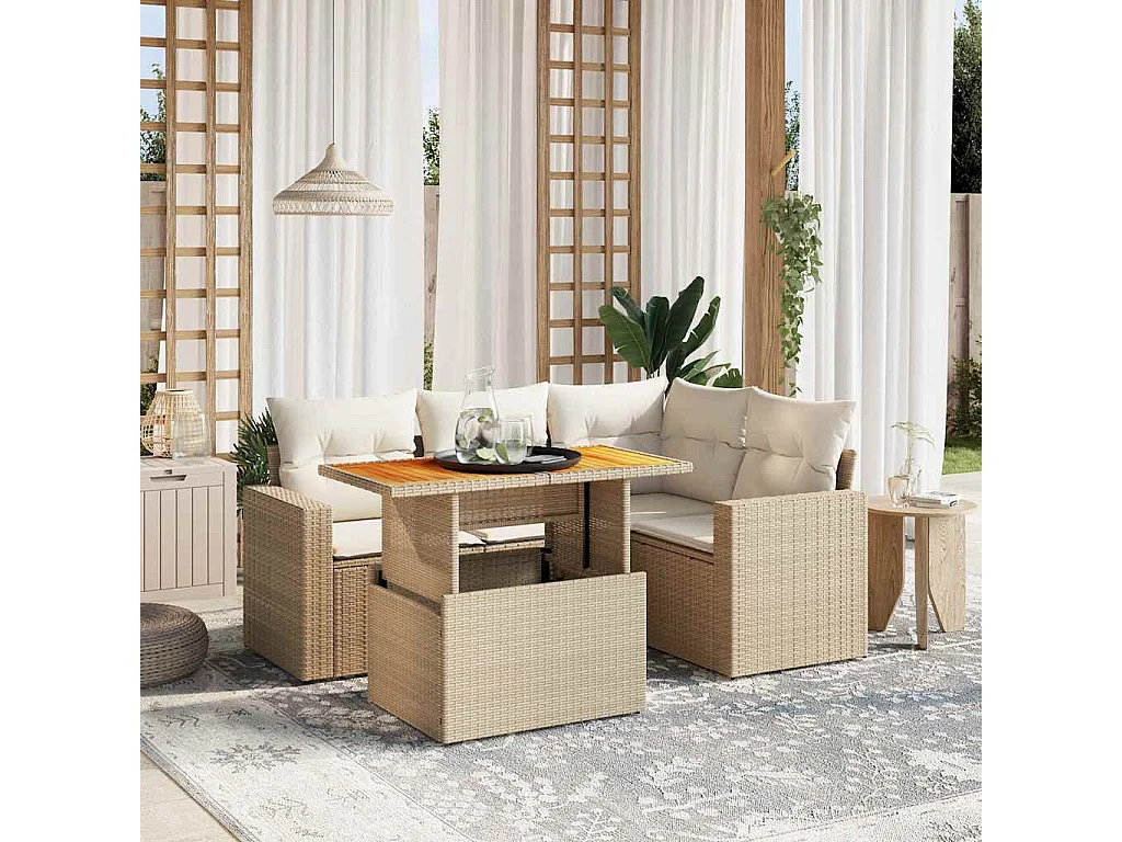 Set Divano da Giardino 5 pz con Cuscini Beige in Polyrattan