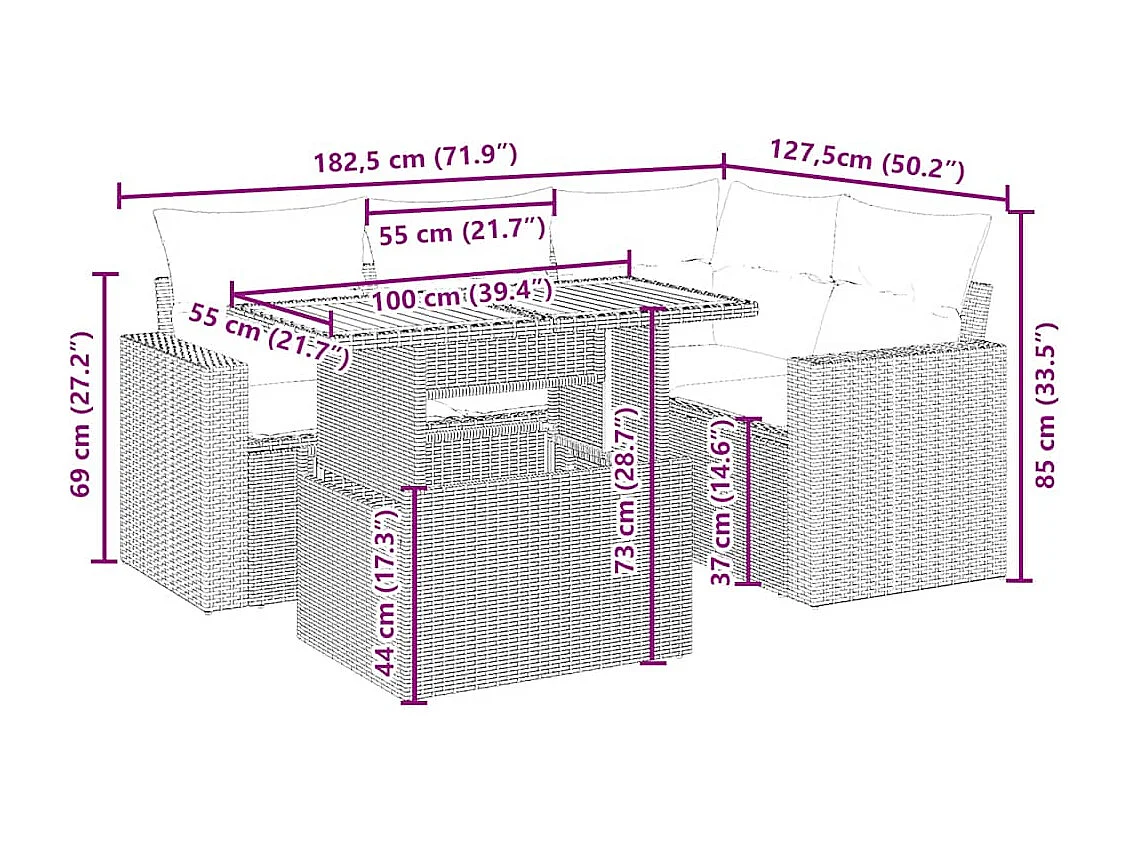 Set Divano da Giardino 5 pz con Cuscini Beige in Polyrattan