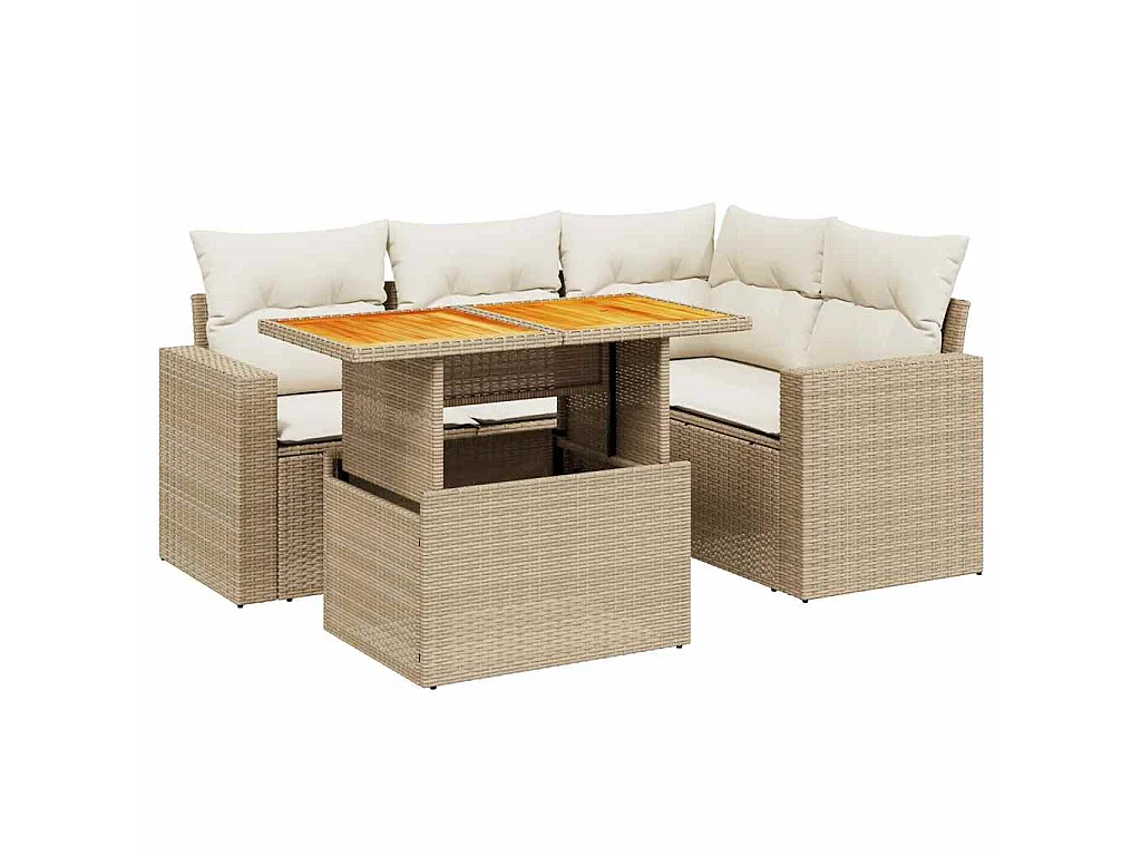 5-delige Loungeset met kussens poly rattan beige