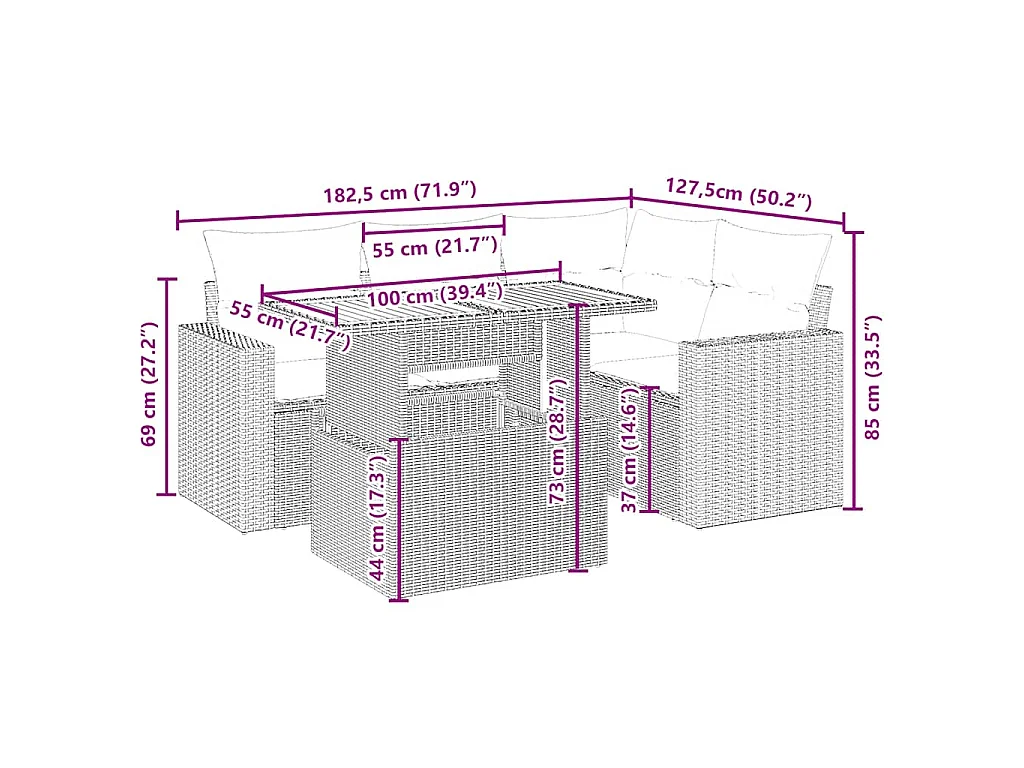 5-delige Loungeset met kussens poly rattan beige