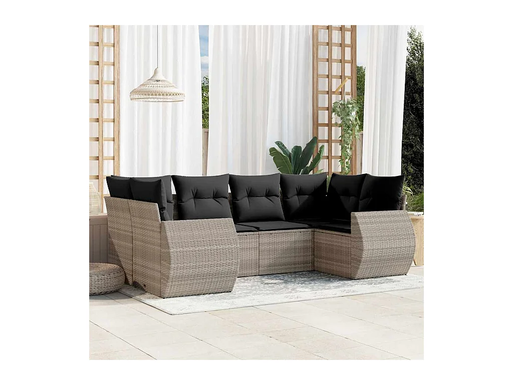 6-tlg. Garten-Sofagarnitur mit Kissen Hellgrau Poly Rattan