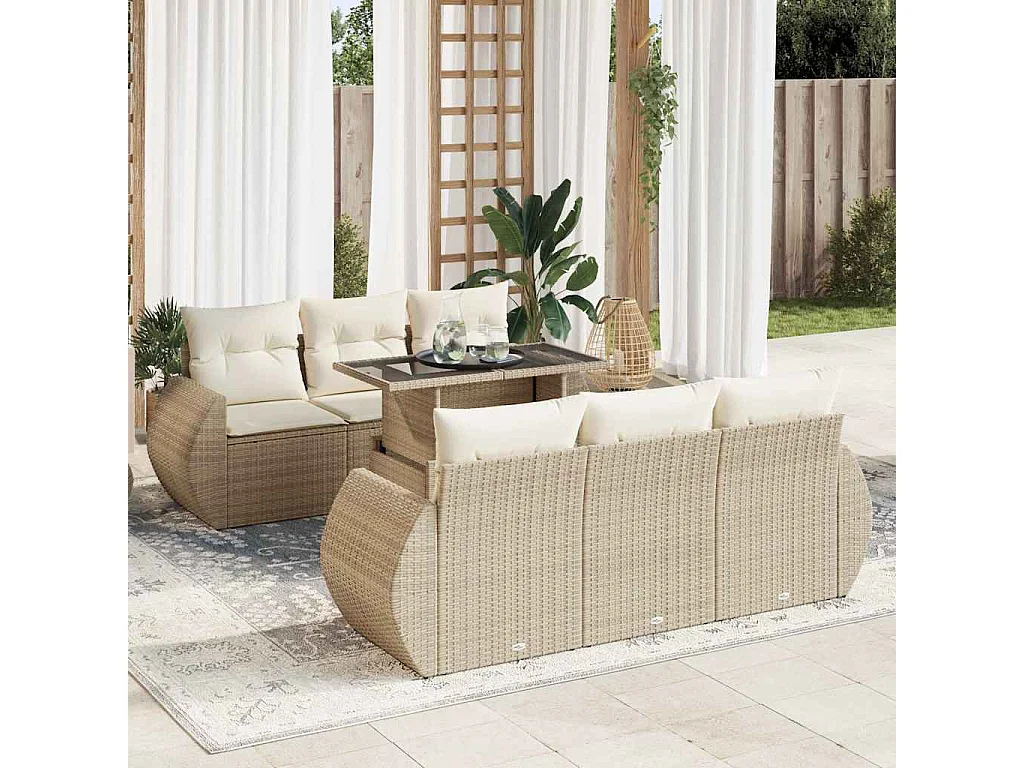 Salon de jardin avec coussins 7 pcs beige résine tressée