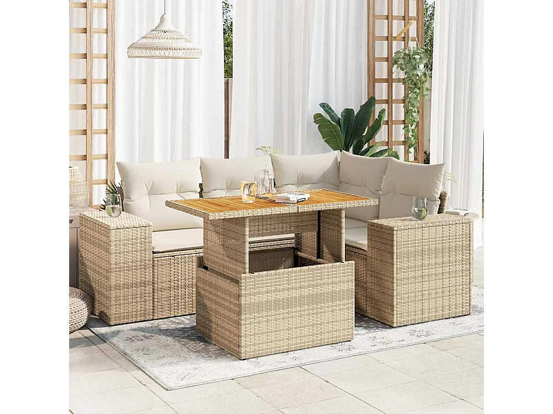 5-tlg. Garten-Sofagarnitur mit Kissen Beige Poly Rattan