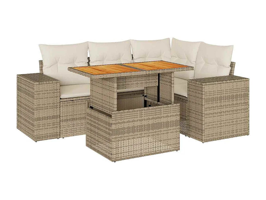 5-tlg. Garten-Sofagarnitur mit Kissen Beige Poly Rattan