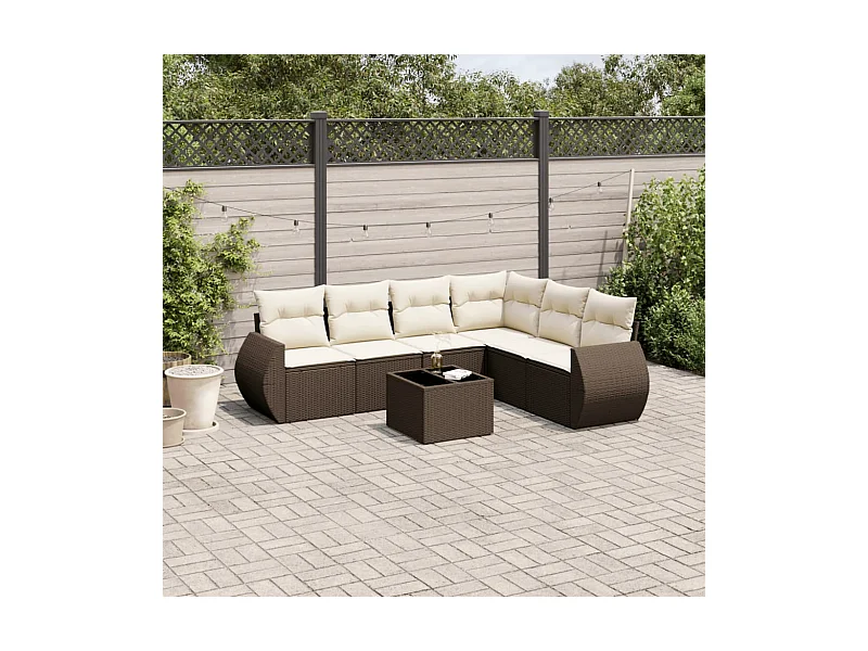Salon de jardin avec coussins 7 pcs marron résine tressée