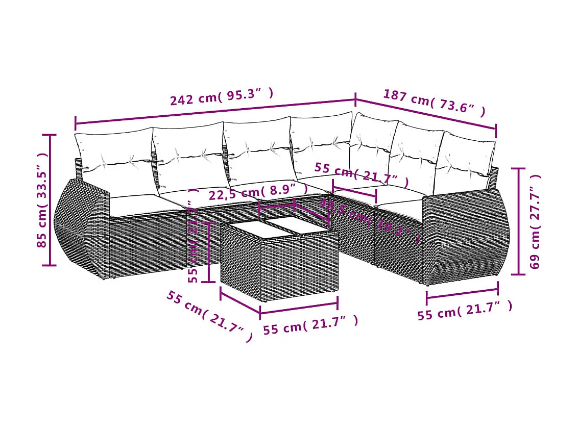 7-delige Loungeset met kussens poly rattan bruin