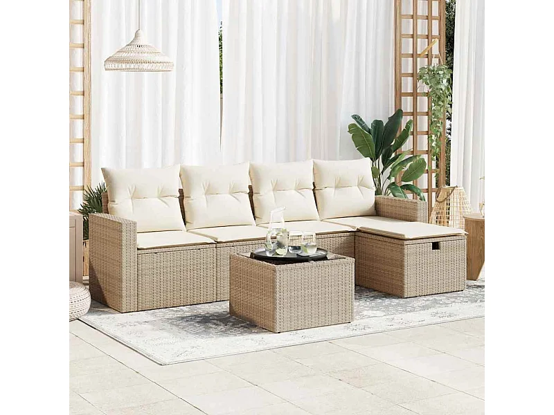 6 pcs conjunto de sofás p/ jardim com almofadões vime PE bege