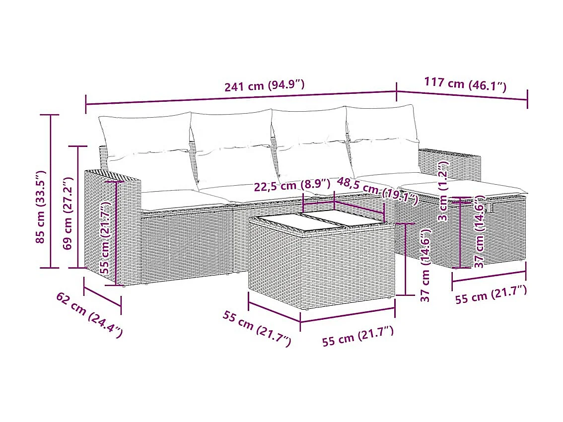 Salon de jardin avec coussins 6 pcs beige résine tressée