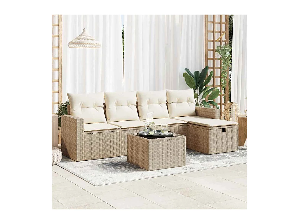 6-tlg. Garten-Sofagarnitur mit Kissen Beige Poly Rattan
