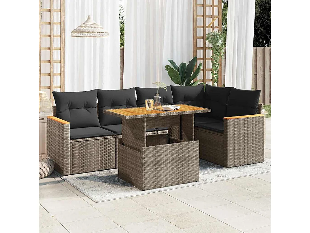 Salon de jardin avec coussins 6 pcs gris résine tressée acacia