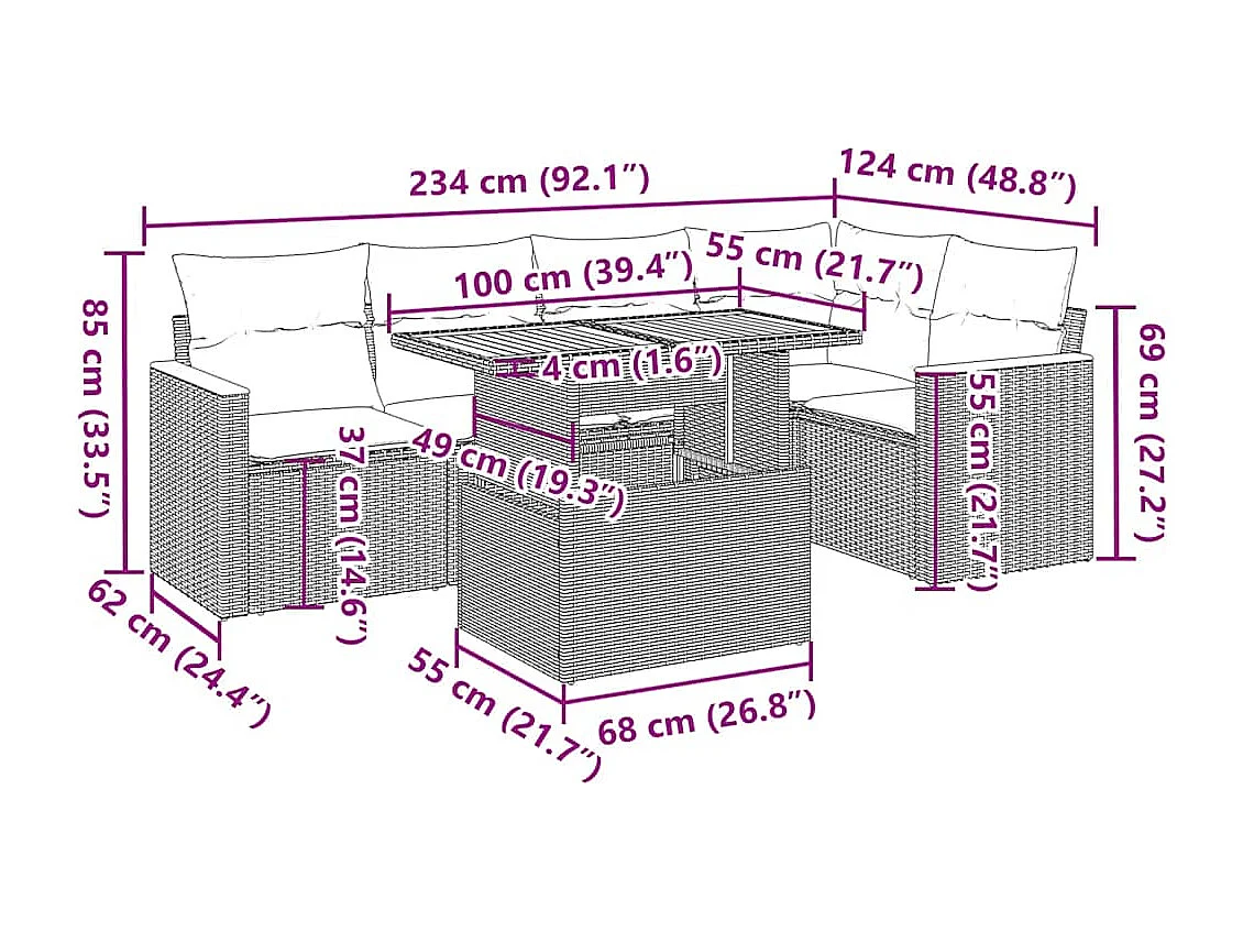 Salon de jardin avec coussins 6 pcs gris résine tressée acacia