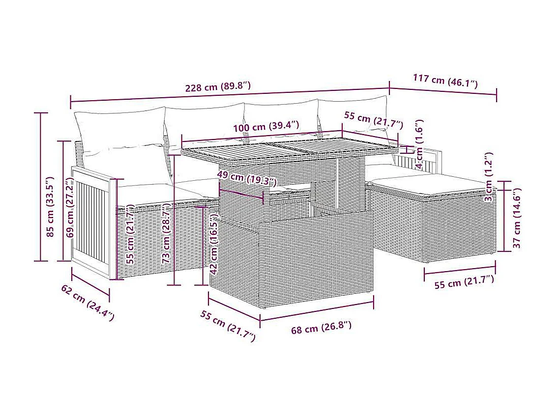 Set Divano da Giardino 6 pz con Cuscini Nero Polyrattan Acacia