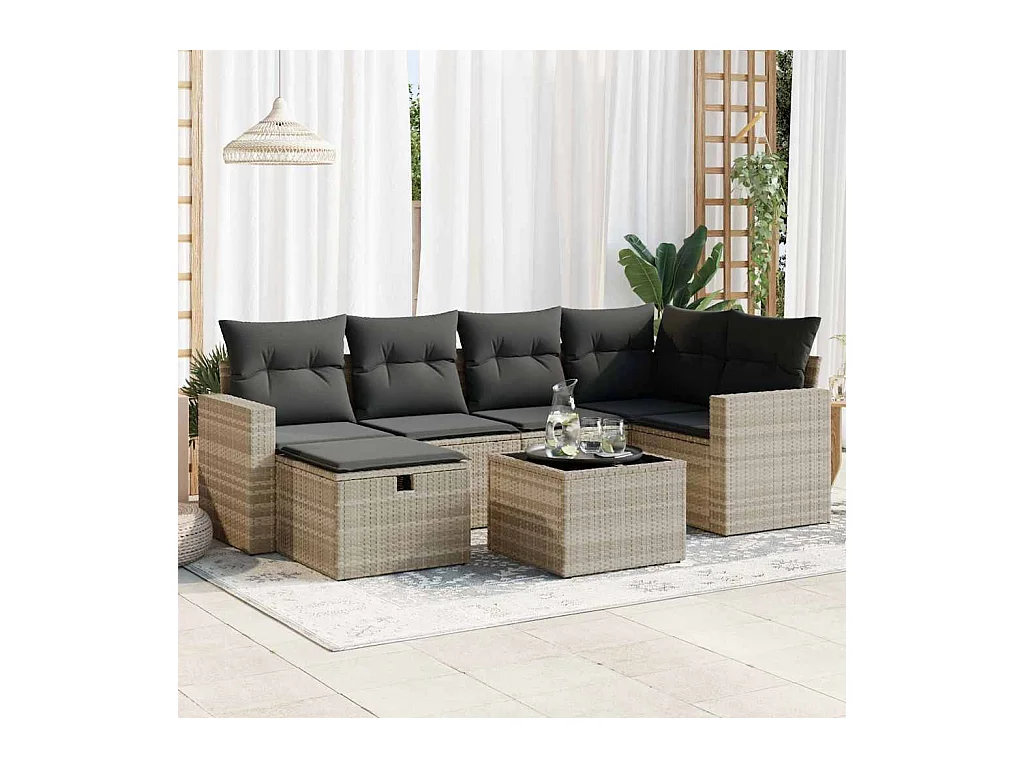 Set Divani da Giardino 7pz con Cuscini Grigio Chiaro Polyrattan