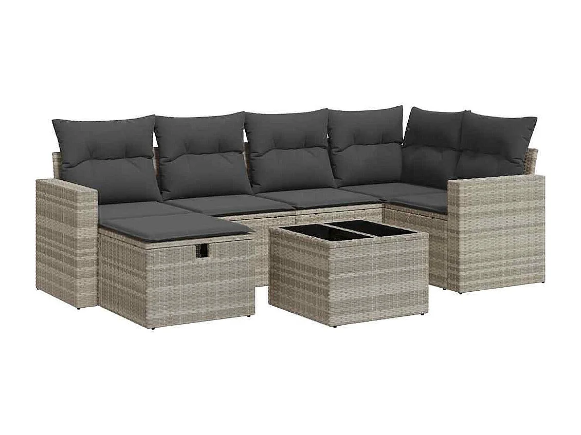 Salon de jardin avec coussins 7 pcs gris clair résine tressée