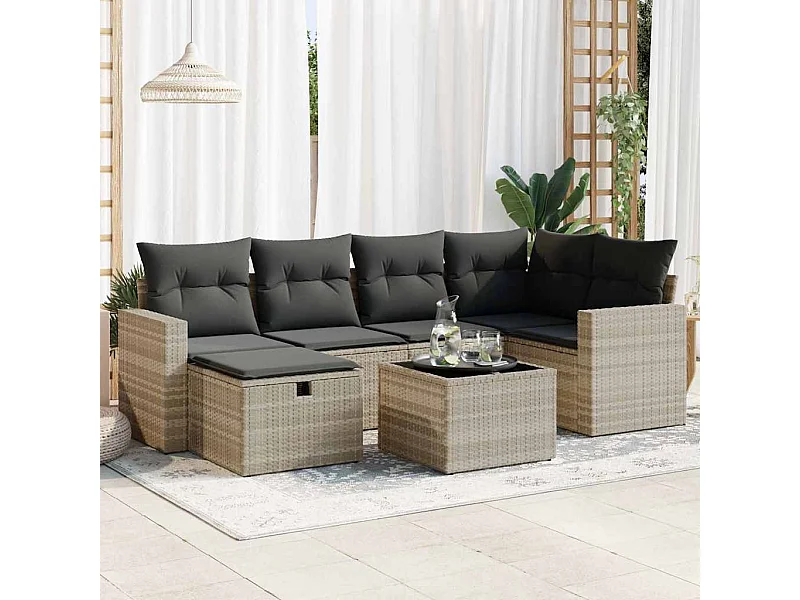 7-tlg. Garten-Sofagarnitur mit Kissen Hellgrau Poly Rattan