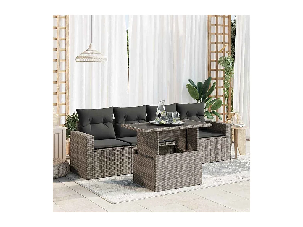 Set Divano da Giardino 5 pz con Cuscini Grigio in Polyrattan