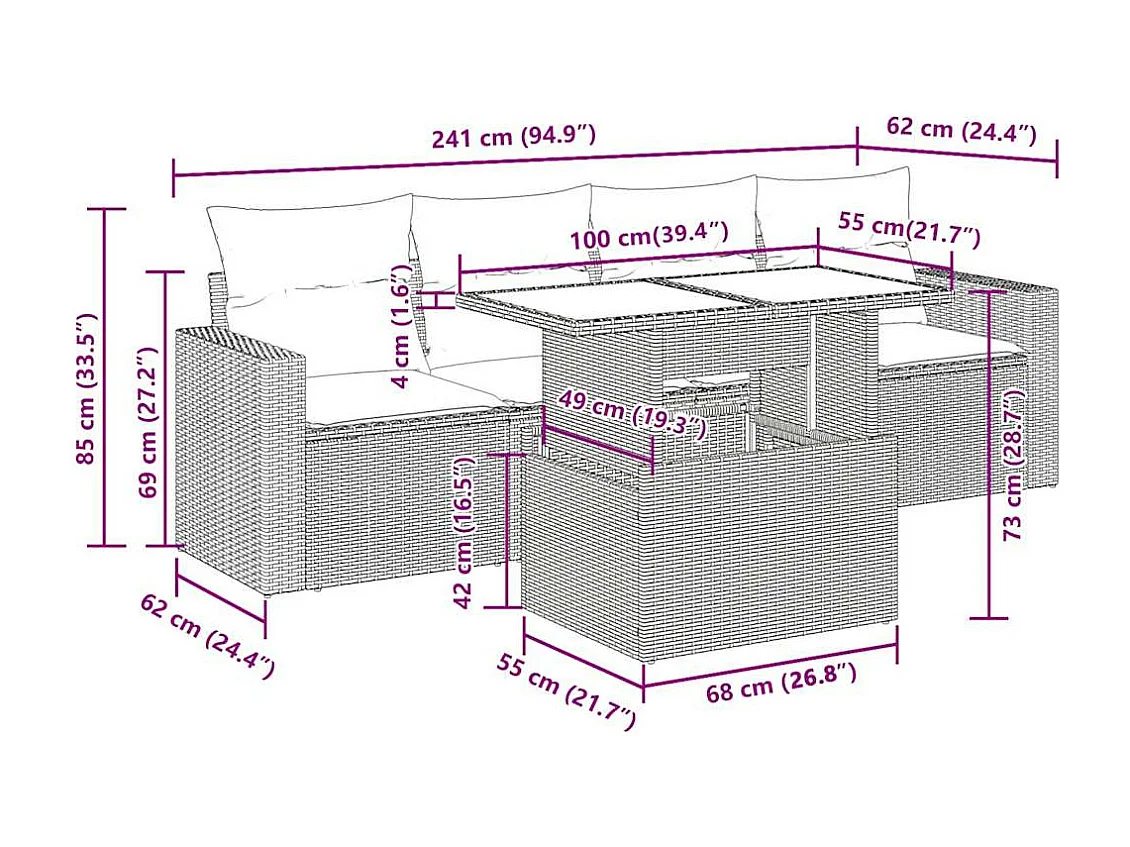 Juego de sofás jardín con cojines 5 pzas ratán sintético gris