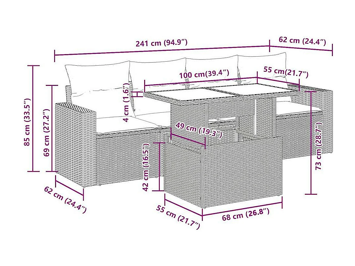 Juego de sofás jardín con cojines 5 pzas ratán sintético gris