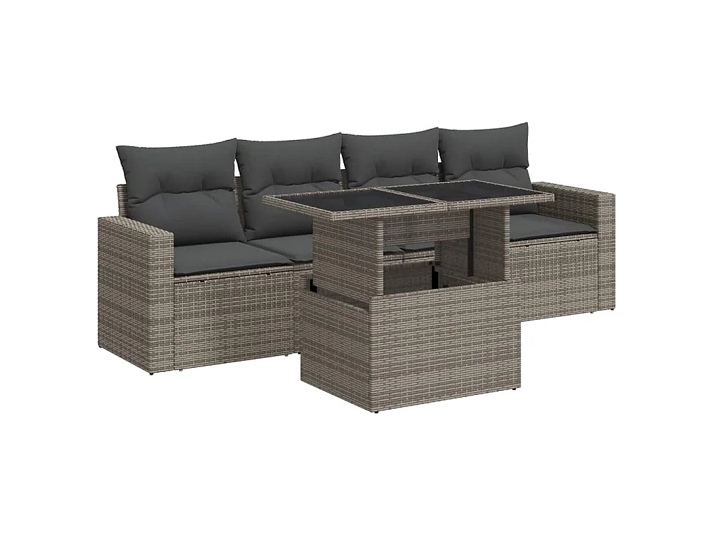 5-tlg. Garten-Sofagarnitur mit Kissen Grau Poly Rattan