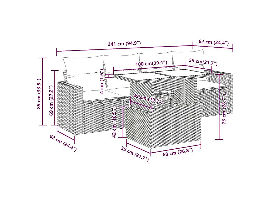 5-tlg. Garten-Sofagarnitur mit Kissen Grau Poly Rattan