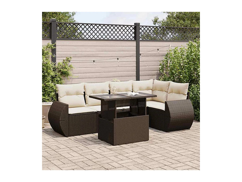 Set Divano da Giardino 6 pz con Cuscini Marrone in Polyrattan