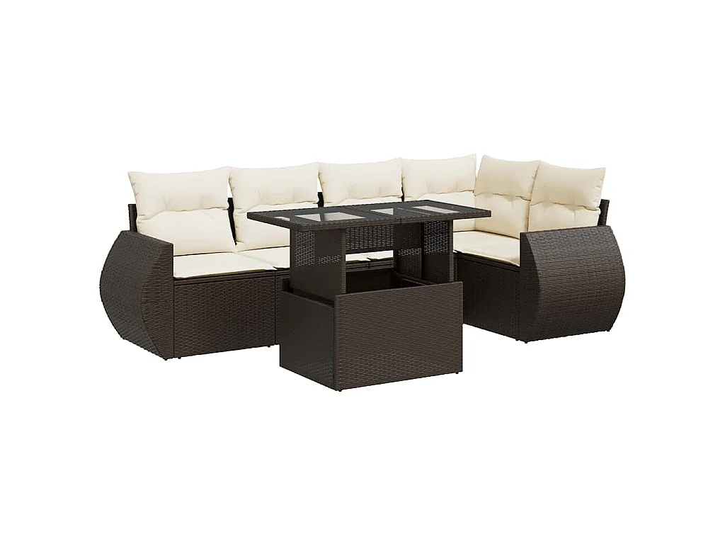 Salon de jardin avec coussins 6 pcs marron résine tressée