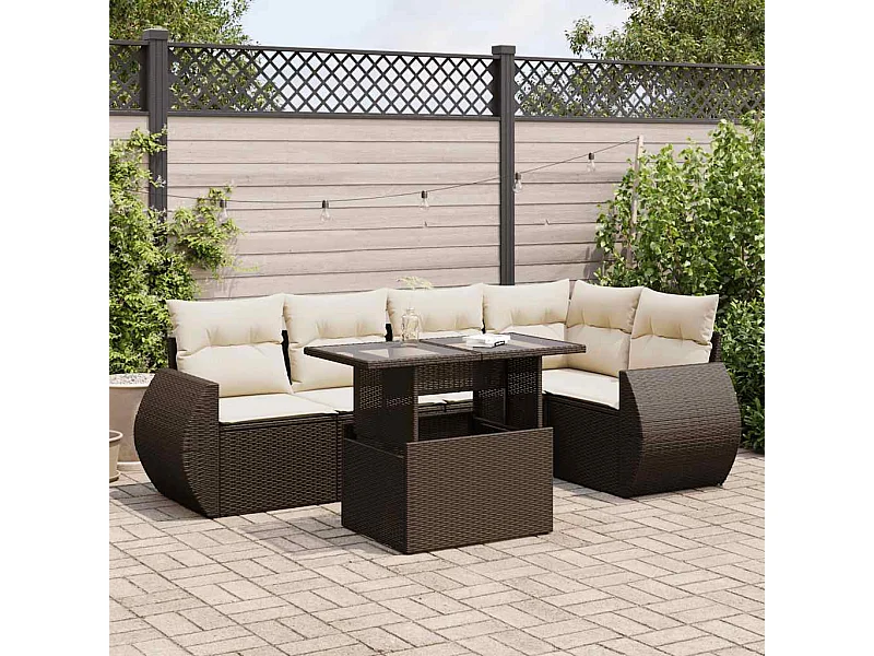 Salon de jardin avec coussins 6 pcs marron résine tressée
