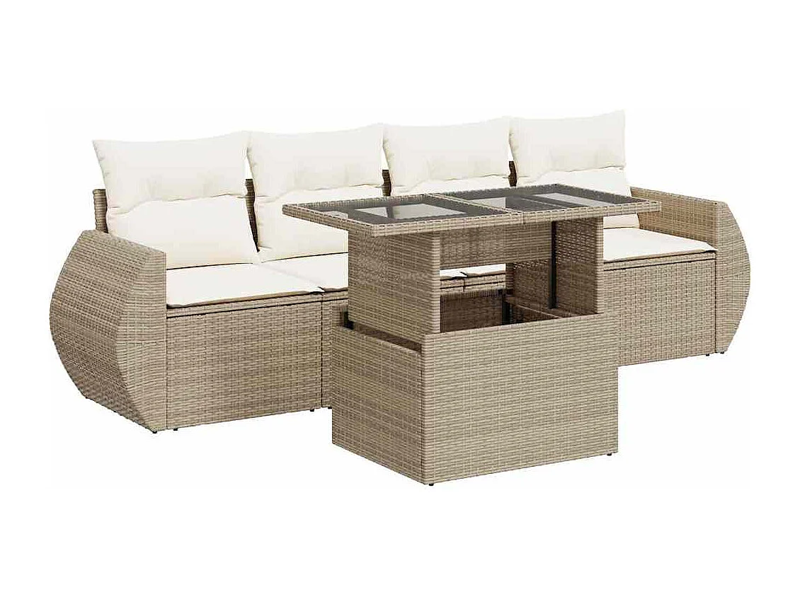 Set Divano da Giardino 5 pz con Cuscini Beige in Polyrattan