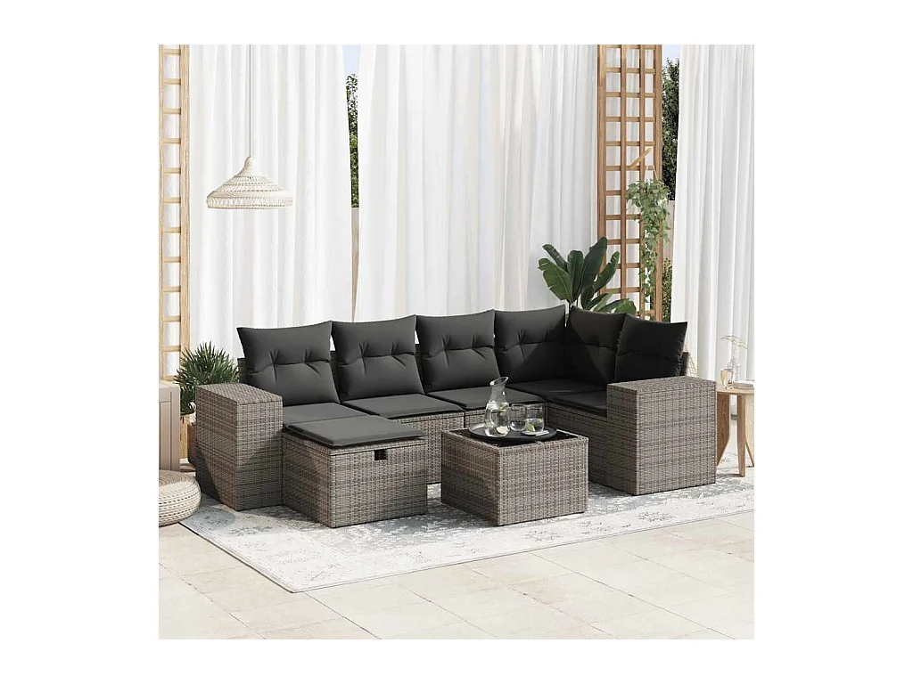 7-tlg. Garten-Sofagarnitur mit Kissen Grau Poly Rattan