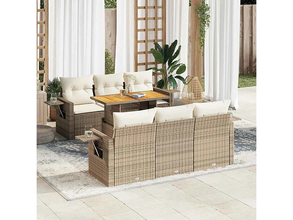 Set sofás de jardín 7 piezas y cojines ratán sintético beige
