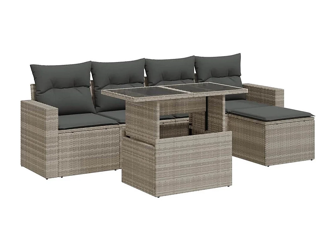 Salon de jardin 6 pcs avec coussins gris clair résine tressée