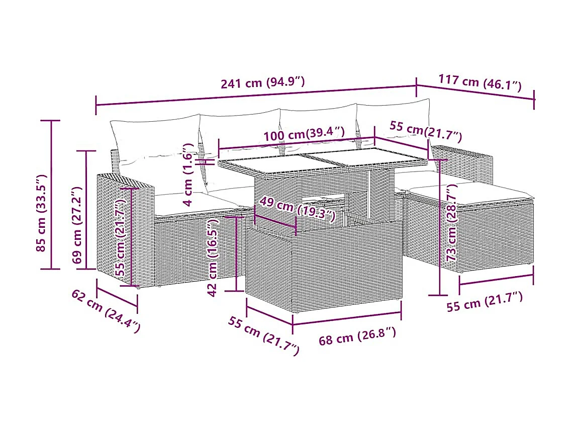 Salon de jardin 6 pcs avec coussins gris clair résine tressée